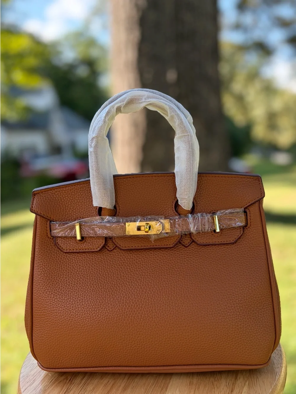 Brown/Tan Real Leather Top-Handle Bag with Gold Hardware